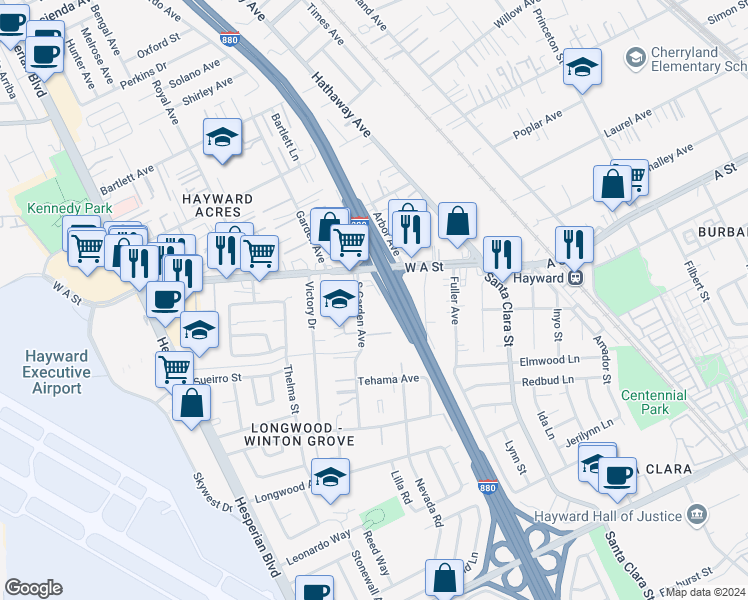 map of restaurants, bars, coffee shops, grocery stores, and more near 22216 South Garden Avenue in Hayward