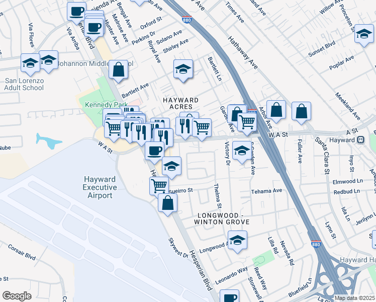 map of restaurants, bars, coffee shops, grocery stores, and more near 736 Memorial Way in Hayward