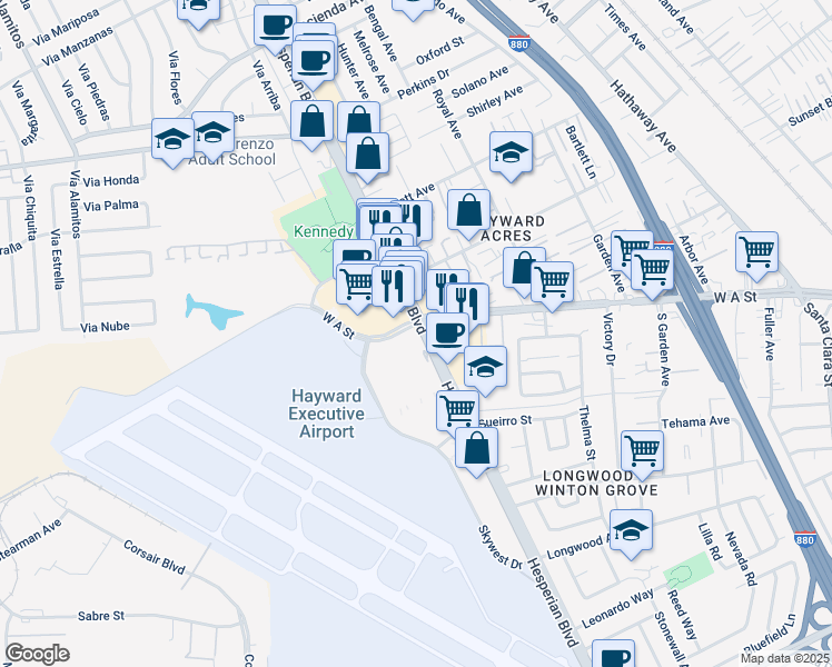 map of restaurants, bars, coffee shops, grocery stores, and more near 20525-20777 Hesperian Boulevard in Hayward