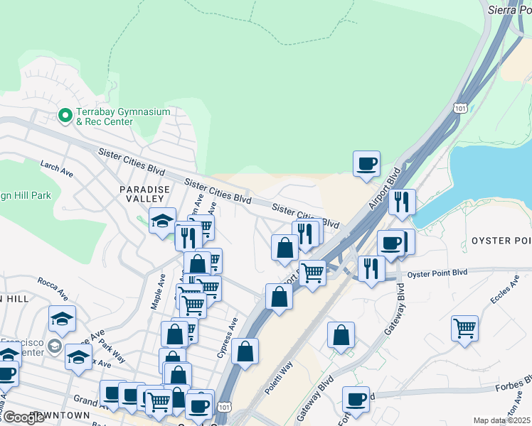 map of restaurants, bars, coffee shops, grocery stores, and more near 162 Pecks Lane in South San Francisco