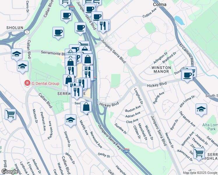 map of restaurants, bars, coffee shops, grocery stores, and more near 379 Imperial Way in Daly City