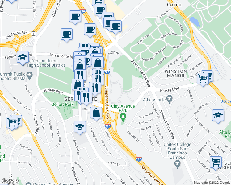 map of restaurants, bars, coffee shops, grocery stores, and more near 373 Half Moon Lane in Daly City