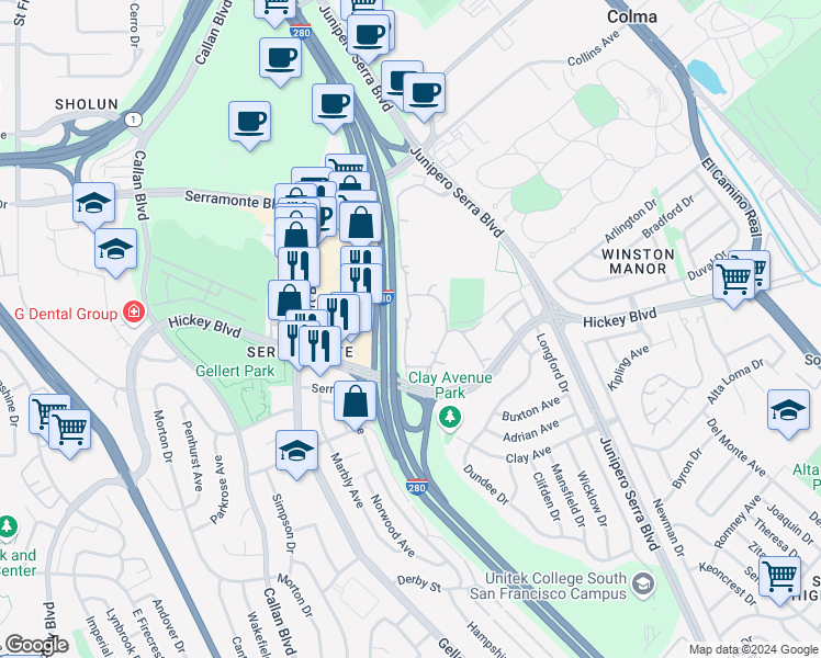 map of restaurants, bars, coffee shops, grocery stores, and more near 373 Half Moon Lane in Daly City