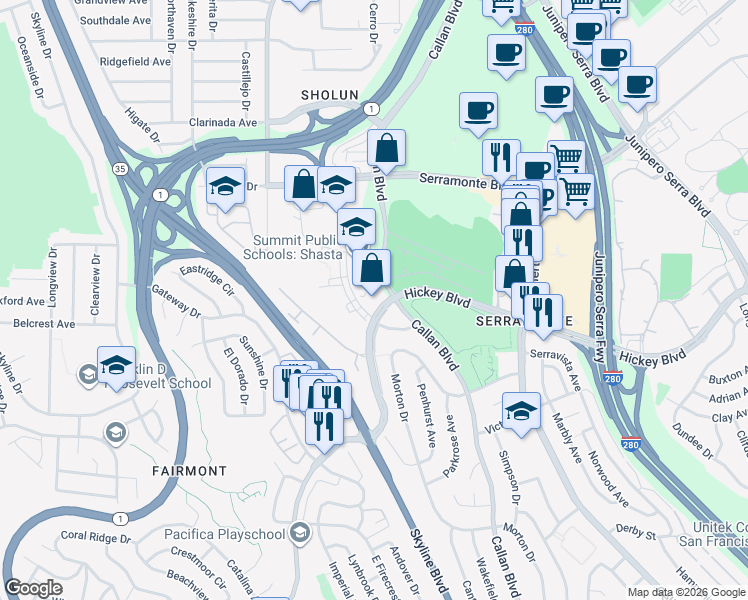 map of restaurants, bars, coffee shops, grocery stores, and more near 4581 Callan Boulevard in Daly City