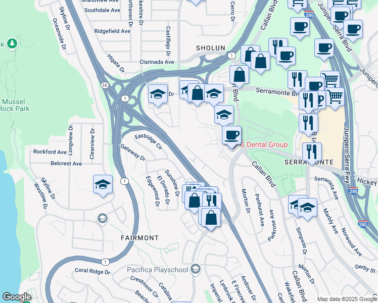 map of restaurants, bars, coffee shops, grocery stores, and more near 920 Saint Francis Boulevard in Daly City