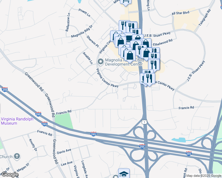 map of restaurants, bars, coffee shops, grocery stores, and more near 9826 Magnolia Pointe Circle in Glen Allen