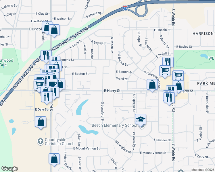 map of restaurants, bars, coffee shops, grocery stores, and more near 8700 East Harry Street in Wichita