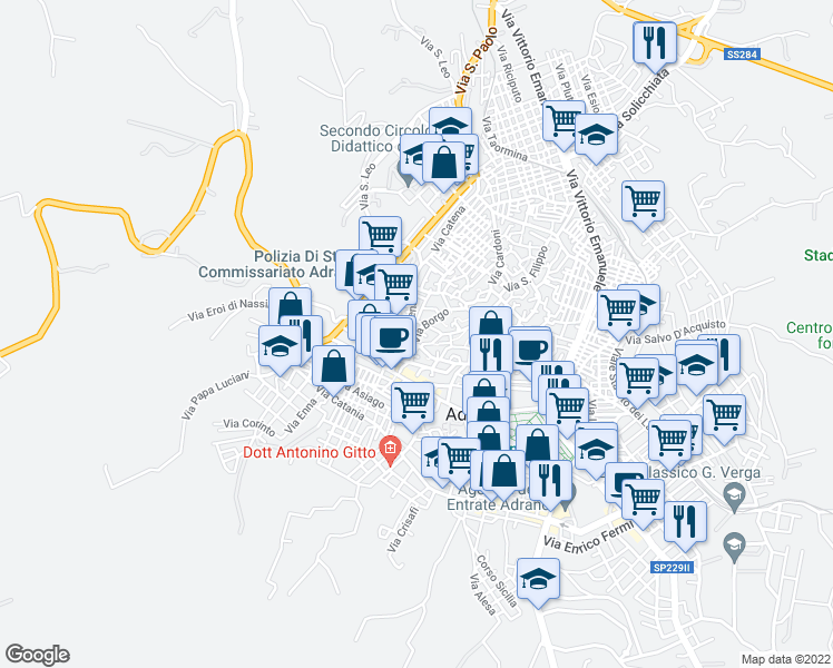 map of restaurants, bars, coffee shops, grocery stores, and more near 43 Via Arena in Adrano