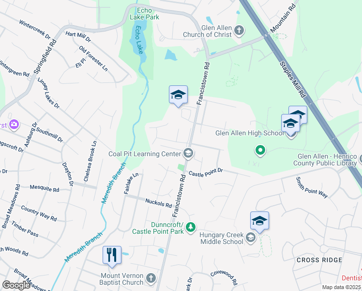 map of restaurants, bars, coffee shops, grocery stores, and more near 9109 Townsend Park Drive in Glen Allen