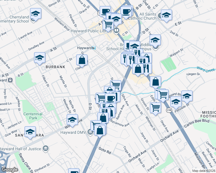 map of restaurants, bars, coffee shops, grocery stores, and more near 653 Dean Street in Hayward