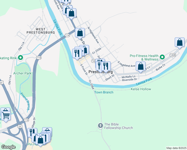 map of restaurants, bars, coffee shops, grocery stores, and more near 105 West Graham Street in Prestonsburg