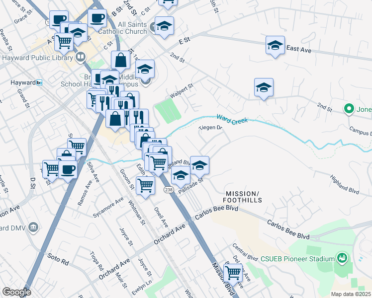 map of restaurants, bars, coffee shops, grocery stores, and more near 24485 Leona Drive in Hayward