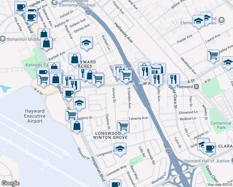 map of restaurants, bars, coffee shops, grocery stores, and more near 22024 Victory Drive in Hayward