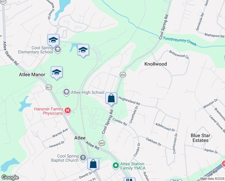 map of restaurants, bars, coffee shops, grocery stores, and more near 9421 Seayfield Lane in Mechanicsville