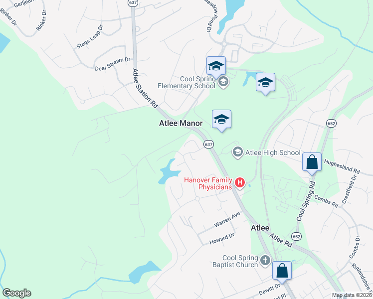 map of restaurants, bars, coffee shops, grocery stores, and more near 9459 Atlee Station Road in Mechanicsville