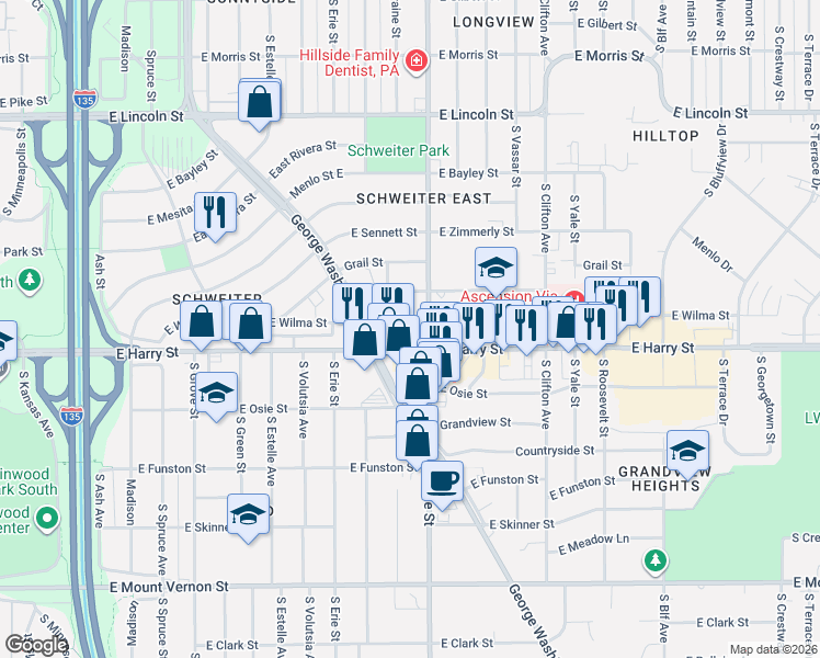 map of restaurants, bars, coffee shops, grocery stores, and more near in Wichita