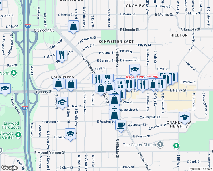 map of restaurants, bars, coffee shops, grocery stores, and more near 3009 East Wilma Street in Wichita