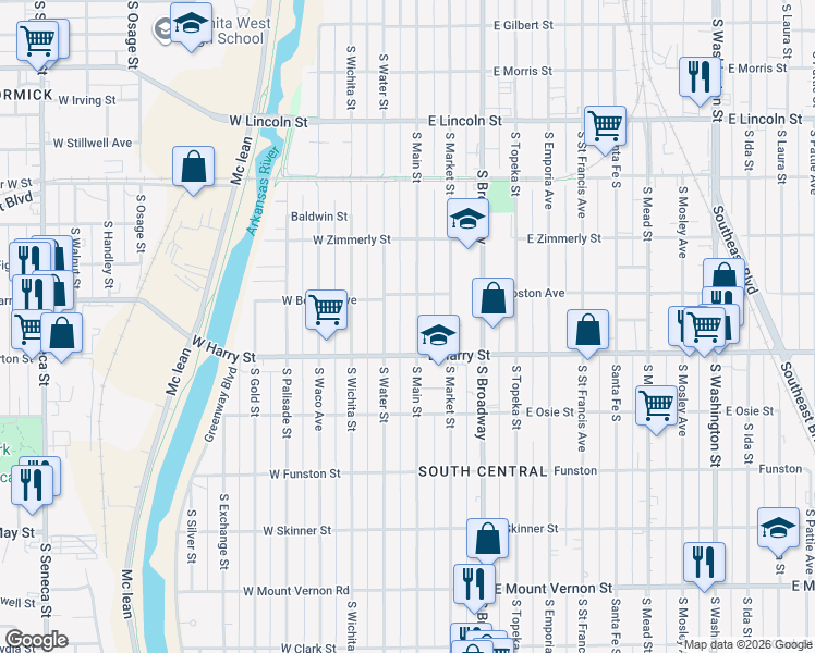 map of restaurants, bars, coffee shops, grocery stores, and more near 1538 South Main Street in Wichita