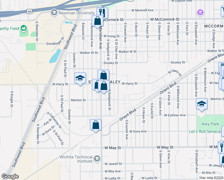 map of restaurants, bars, coffee shops, grocery stores, and more near 1632 S Sedgwick St in Wichita