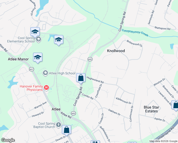 map of restaurants, bars, coffee shops, grocery stores, and more near 8803 Crestland Drive in Mechanicsville