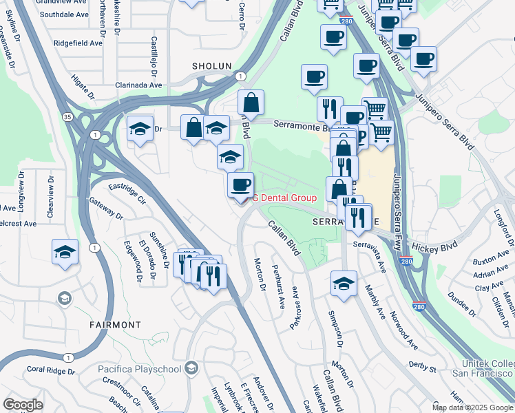 map of restaurants, bars, coffee shops, grocery stores, and more near Hickey Boulevard & Callan Boulevard in Daly City