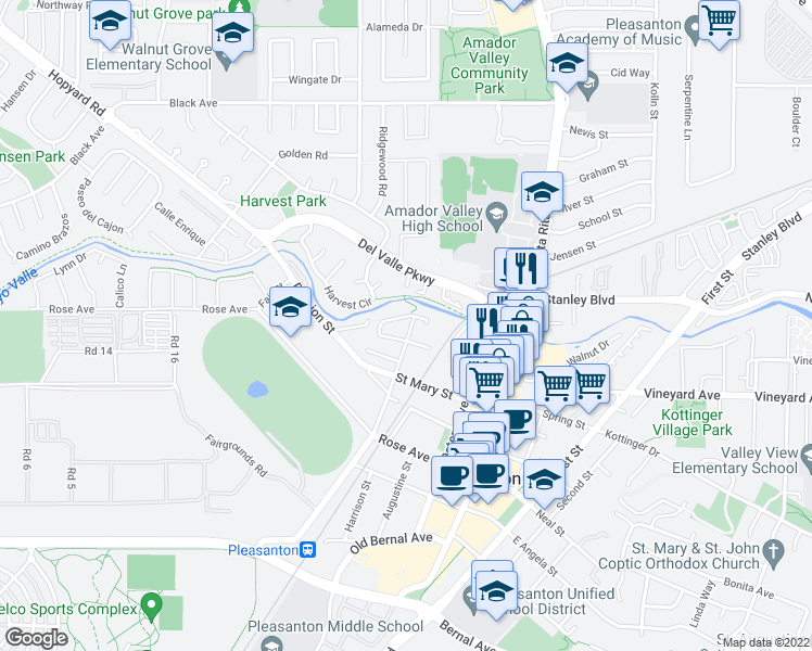 map of restaurants, bars, coffee shops, grocery stores, and more near 825 Saint John Court in Pleasanton