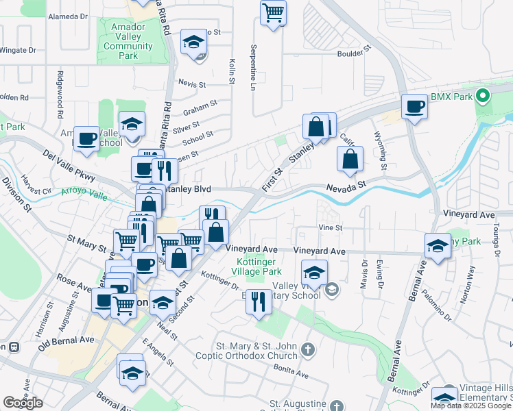 map of restaurants, bars, coffee shops, grocery stores, and more near 4019 Bottarini Court in Pleasanton