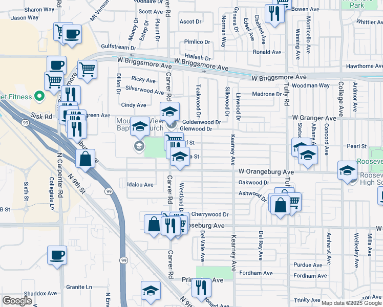map of restaurants, bars, coffee shops, grocery stores, and more near 1617 Teresa Street in Modesto