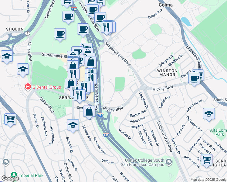 map of restaurants, bars, coffee shops, grocery stores, and more near 372 Imperial Way in Daly City