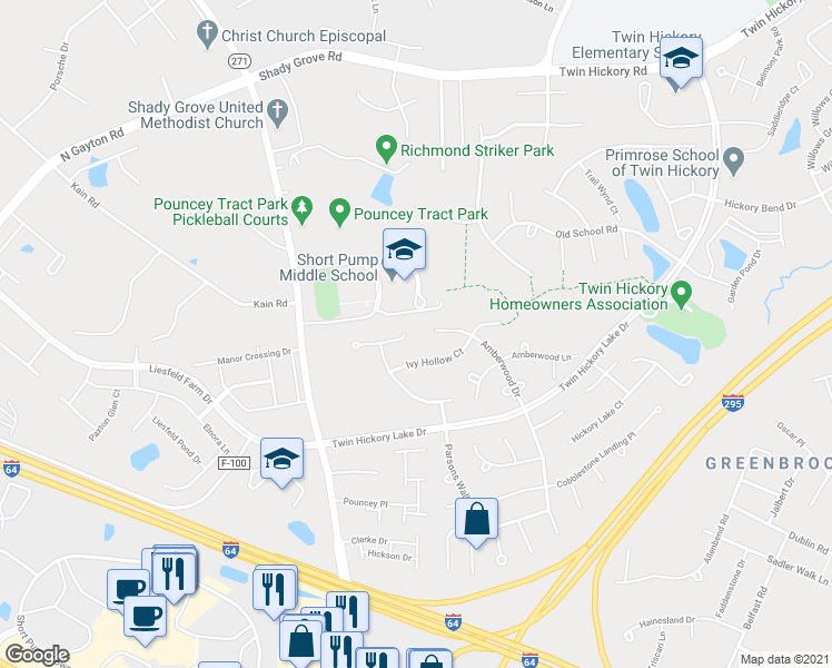 map of restaurants, bars, coffee shops, grocery stores, and more near 12120 Turning Branch Circle in Glen Allen