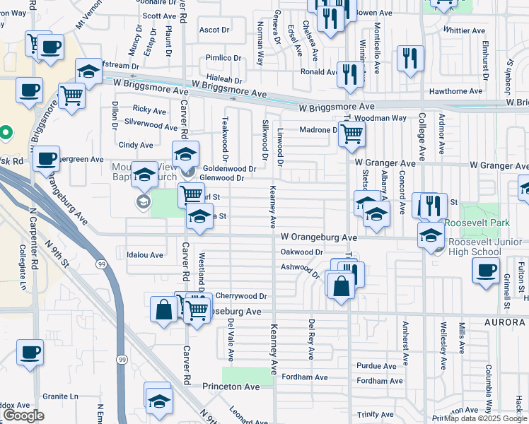 map of restaurants, bars, coffee shops, grocery stores, and more near 1500 Teresa Street in Modesto