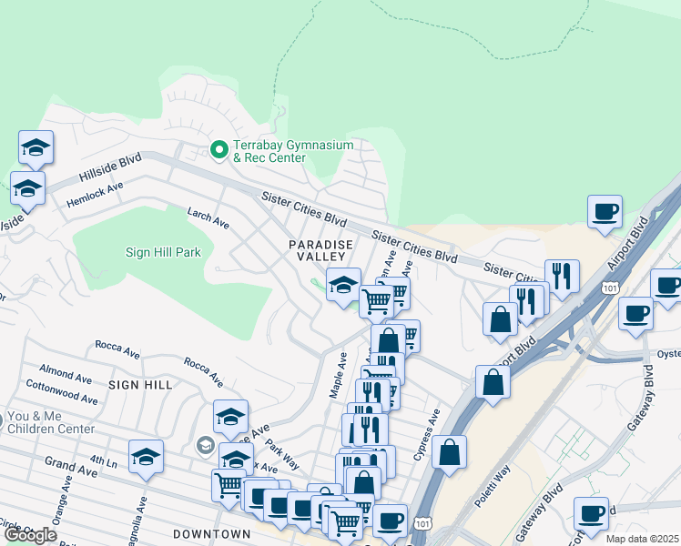 map of restaurants, bars, coffee shops, grocery stores, and more near 107 Claremont Avenue in South San Francisco