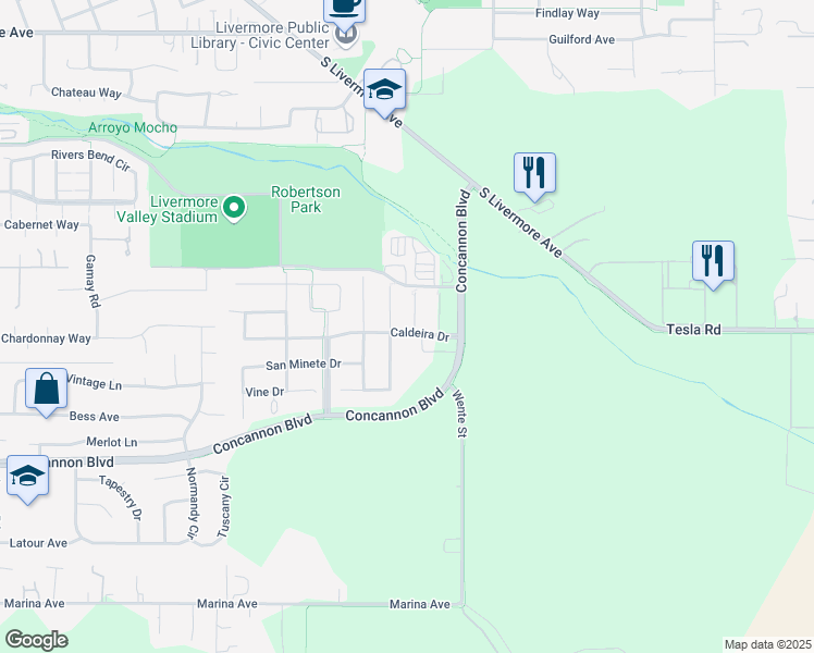 map of restaurants, bars, coffee shops, grocery stores, and more near 2193 Autinori Court in Livermore