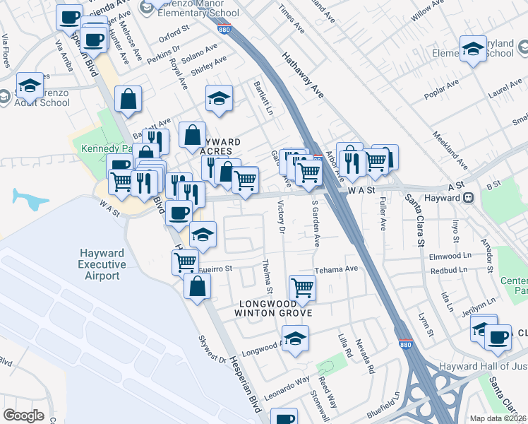 map of restaurants, bars, coffee shops, grocery stores, and more near 21788 Thelma Street in Hayward