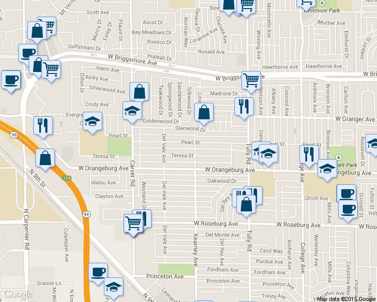map of restaurants, bars, coffee shops, grocery stores, and more near 1500 Teresa Street in Modesto