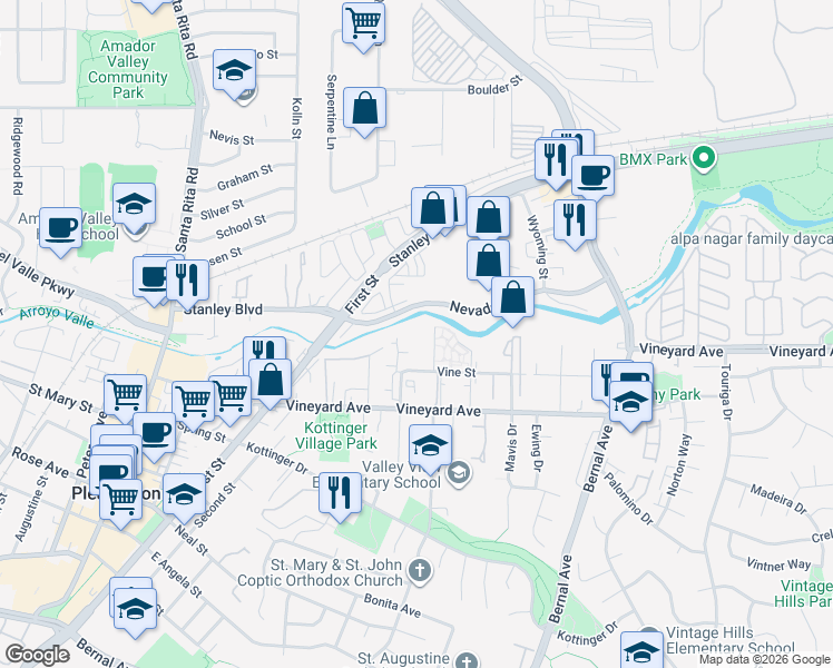 map of restaurants, bars, coffee shops, grocery stores, and more near 3875 Vine Street in Pleasanton