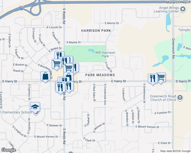 map of restaurants, bars, coffee shops, grocery stores, and more near 1570 South Goebel Circle in Wichita
