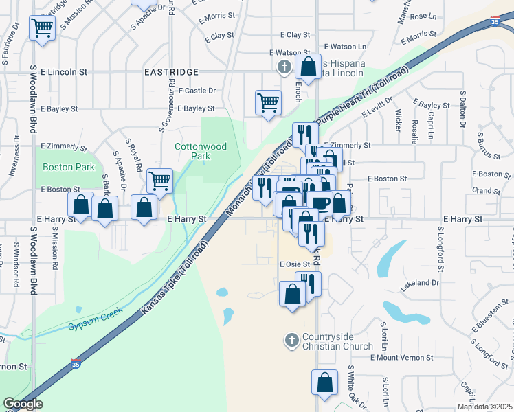 map of restaurants, bars, coffee shops, grocery stores, and more near 7602 East Harry Street in Wichita