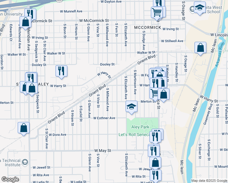 map of restaurants, bars, coffee shops, grocery stores, and more near 1631 South Fern Street in Wichita