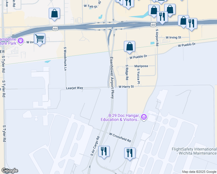 map of restaurants, bars, coffee shops, grocery stores, and more near Eisenhower Airport Parkway in Wichita