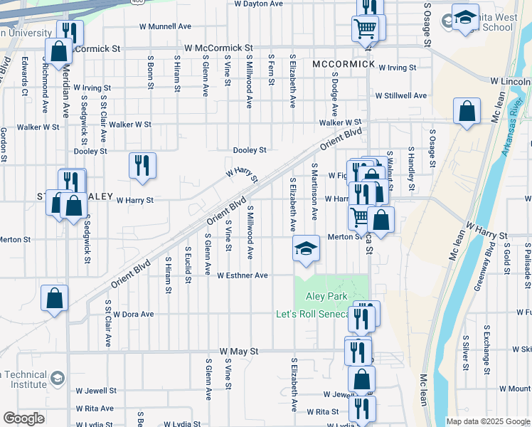 map of restaurants, bars, coffee shops, grocery stores, and more near 1631 South Fern Street in Wichita