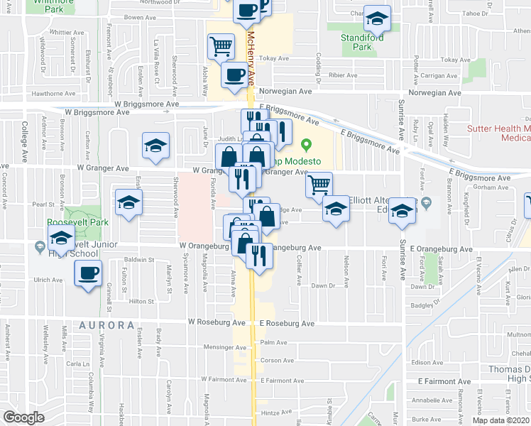map of restaurants, bars, coffee shops, grocery stores, and more near 124 East Coolidge Avenue in Modesto