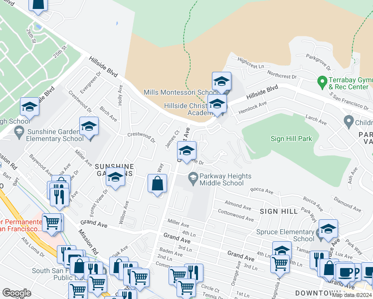 map of restaurants, bars, coffee shops, grocery stores, and more near in South San Francisco