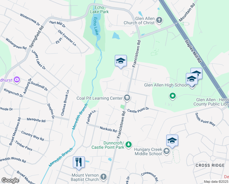 map of restaurants, bars, coffee shops, grocery stores, and more near 9125 Townsend Park Drive in Glen Allen