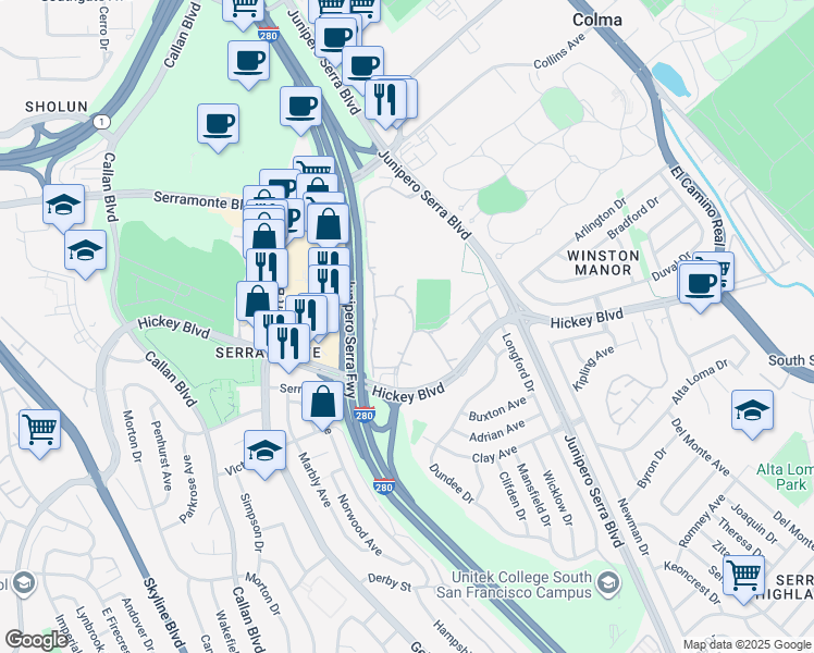map of restaurants, bars, coffee shops, grocery stores, and more near 379 Imperial Way in Daly City