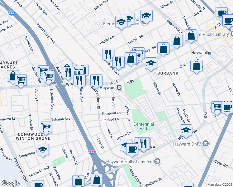 map of restaurants, bars, coffee shops, grocery stores, and more near 22626 Amador Street in Hayward