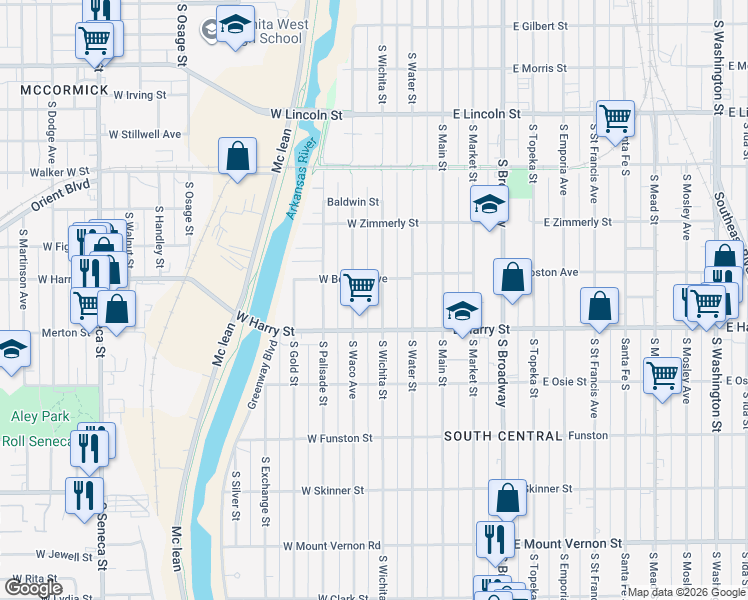 map of restaurants, bars, coffee shops, grocery stores, and more near 1537 South Wichita Street in Wichita