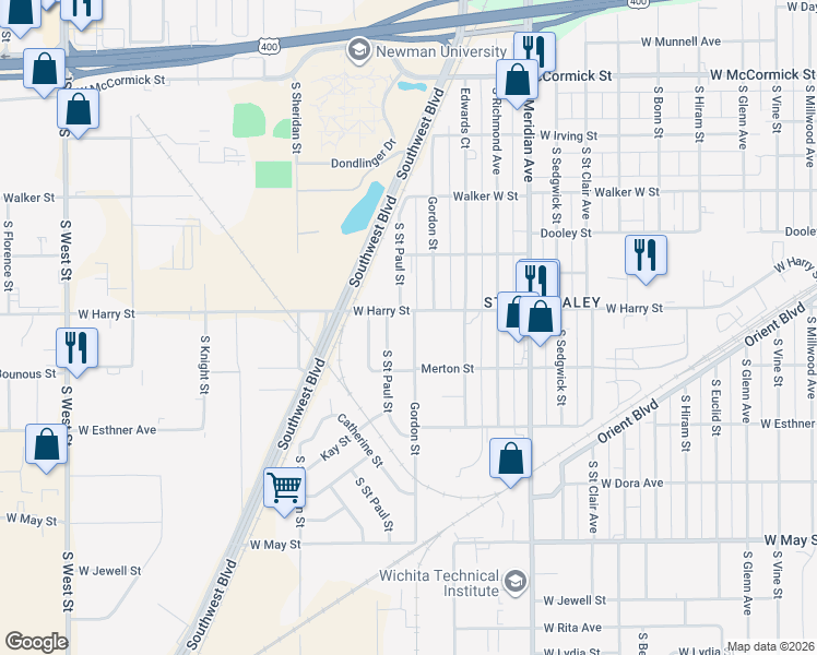 map of restaurants, bars, coffee shops, grocery stores, and more near 1615 South Gordon Street in Wichita