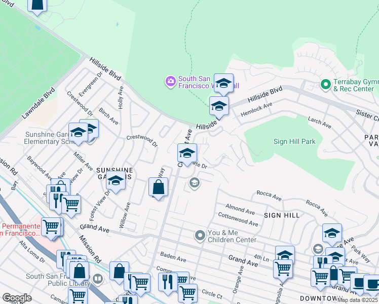 map of restaurants, bars, coffee shops, grocery stores, and more near 829 Stonegate Drive in South San Francisco