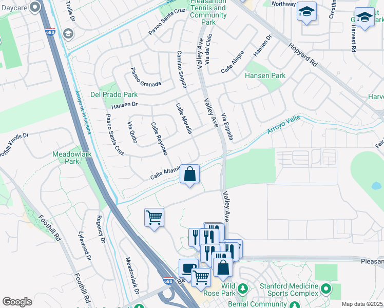 map of restaurants, bars, coffee shops, grocery stores, and more near 2545 Corte Rivera in Pleasanton